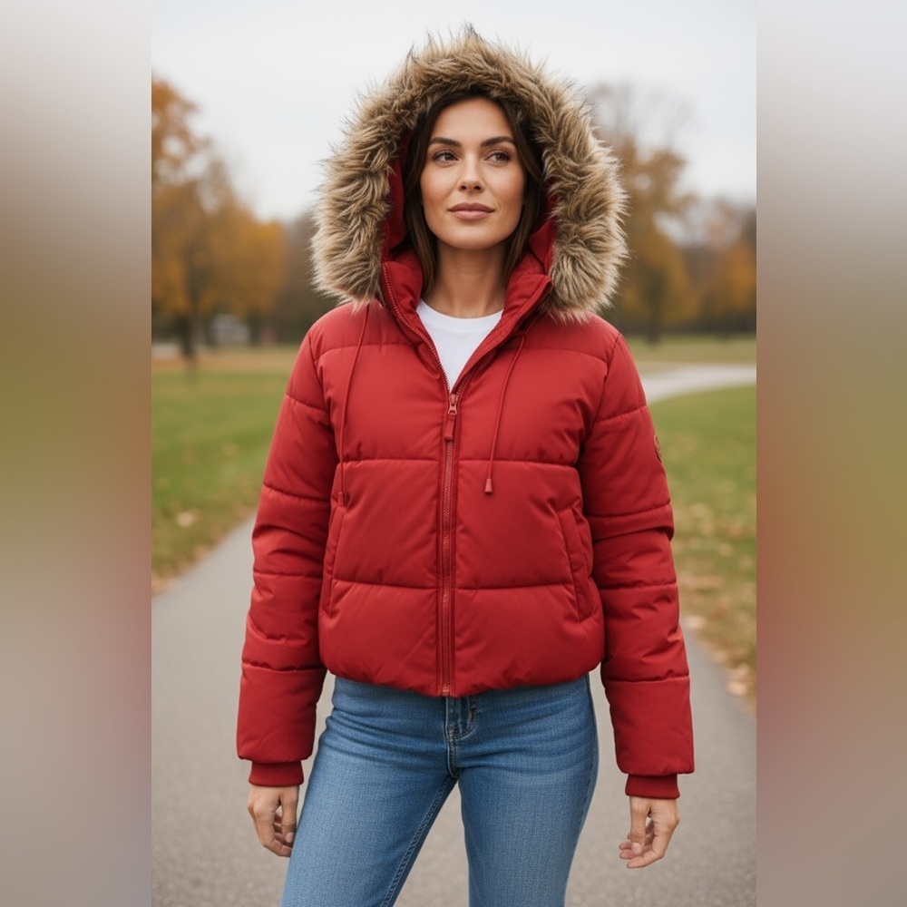 Elegant Red Down Puffer Jacket with Faux Fur Trim
